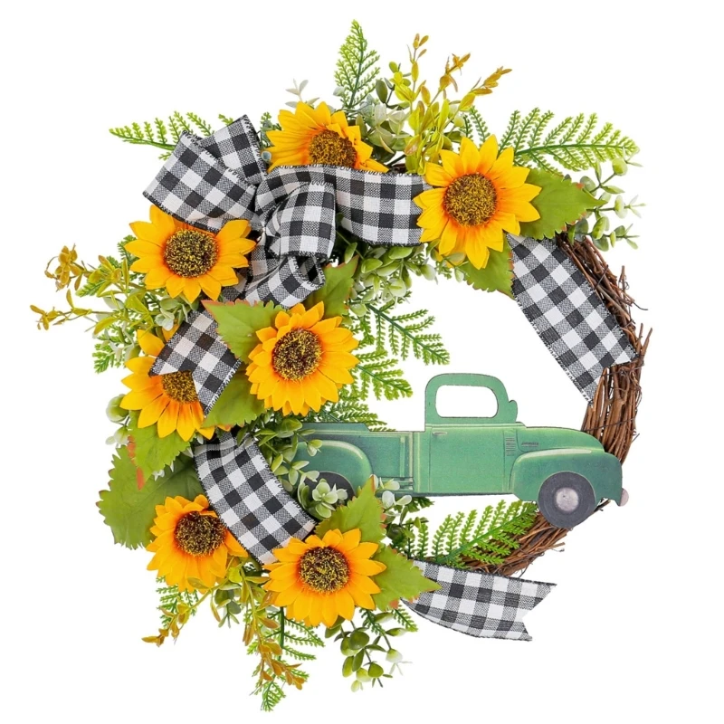 

Sunflowers Wreath with Truck for Front Door Wedding, Artificial Spring Wreath