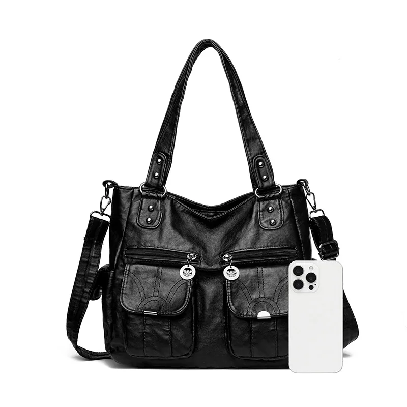 Large Capacity Washed Leather Single Shoulder Tote Bag for Women Fashionable Versatile Commuter Bag Soft PU Material - 2
