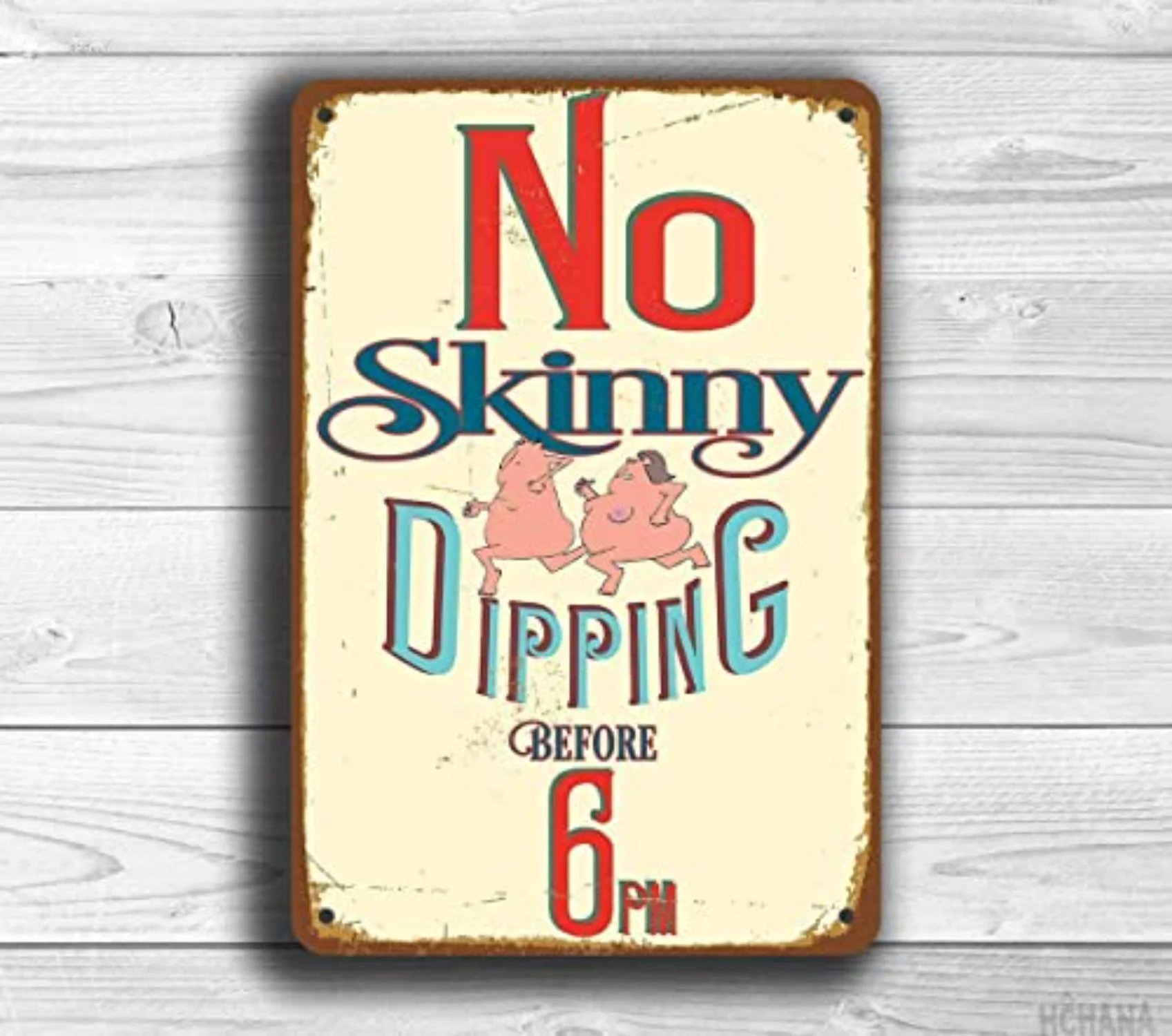 

Fun Metal Tin Sign, No Skinny Dipping Before 6 Pm Swimming Pool Iron Metal Tin Sign for Wall Decoration Swimming warning signs