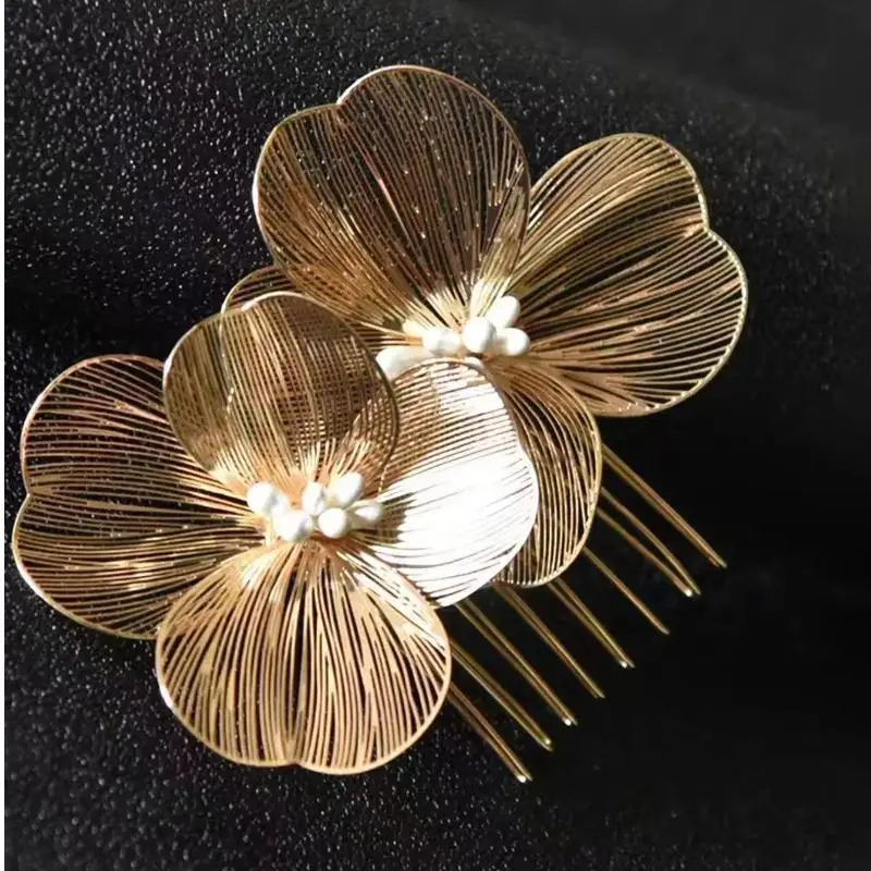 Hollow Out Alloy Silk Flower Hair Hairpin Bridal Headpiece Fashionable And Elegant Flower Hair Accessory Girls Jewelry Headpiece