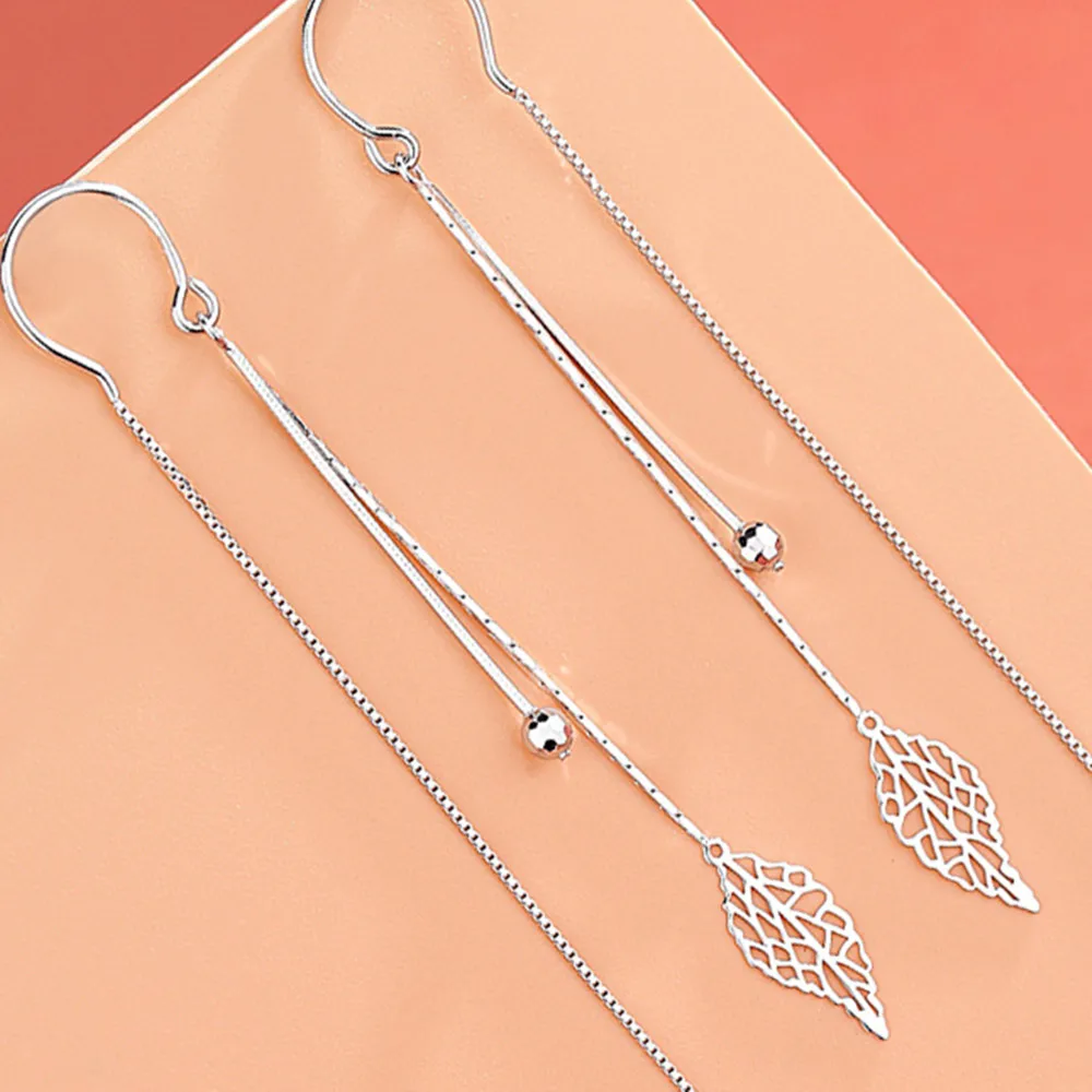Silver Color Hollow Leaves Earrings for Women Temperament Long Tassel Tea Ear Chain Earring Super Fairy Jewelry dangle earrings,drop earrings,pendant earrings,long earrings,crystal tassel earrings