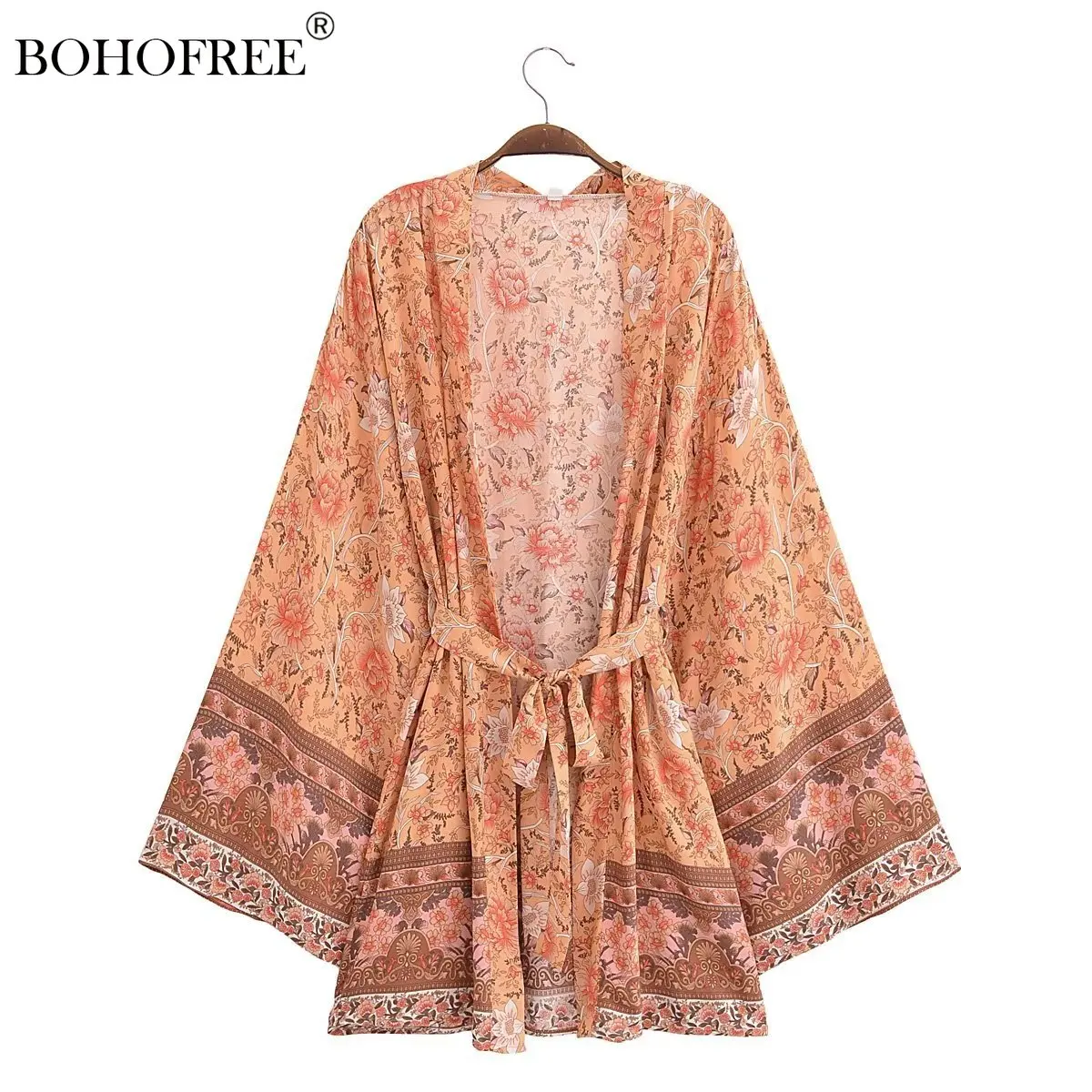 

Vintage Chic Long Sleeve Rayon Cotton Floral Print Short Robe Kaftan Sashes Boho Cover-ups Beachwear Kimono Women Blusas