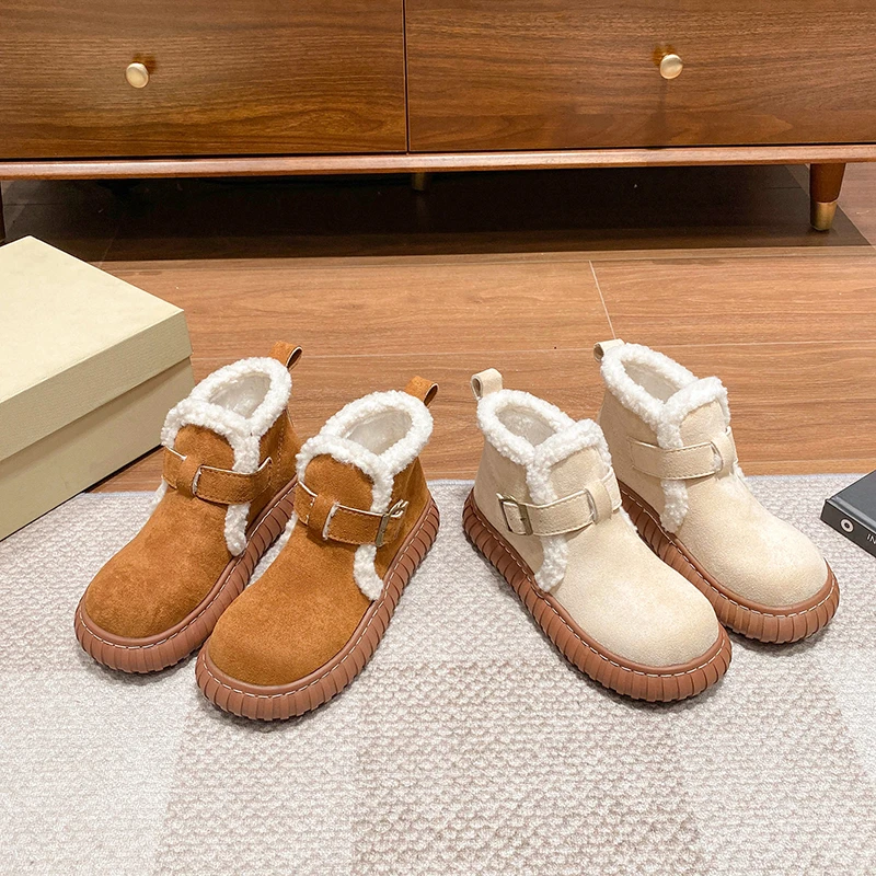 Aphixta Buckle Dec 4cm Chunky Heel Women Warm Snow Boots Sneaker Shoes Short Plush Ladies Footwear botas de invierno para mujer