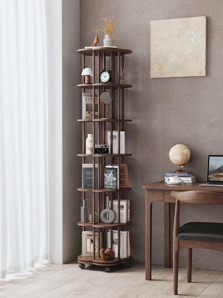 

360 degree rotating bookshelf, all solid wood children's bookshelf, household floor standing with wheels, movable living room st