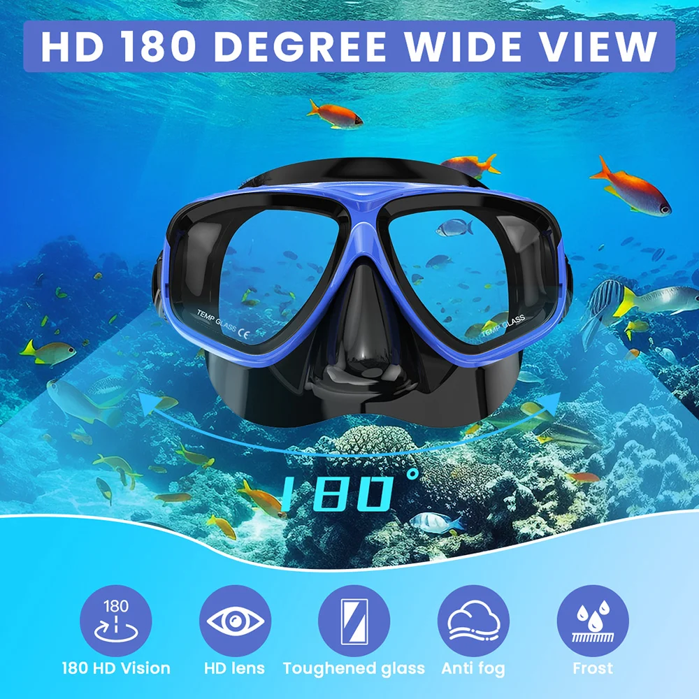 Low Volume Snorkel Mask Swimming Goggles Silicone Skirt Tempered Glass Lens Wide View Training With Nose Cover Adjustable Strap