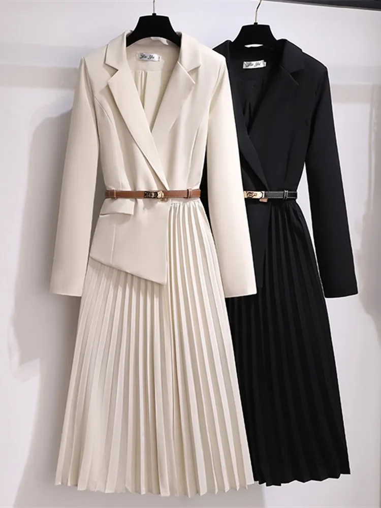 

Vintage Pleated Belt Patchwork One Piece Blazer Dress Women Elegant Office Ladies Long Sleeve Notched Female Autumn Midi Vestido