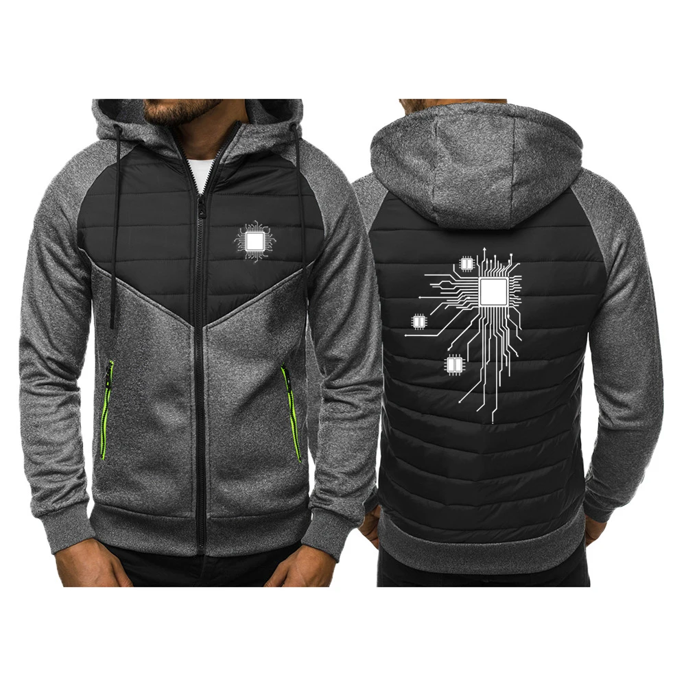 2023 CPU Processor Circuit Diagram New Tricolor Hooded Jacket Spring Autumn Men Casual Slim Patchwork Zipper Coat Long Sleeve