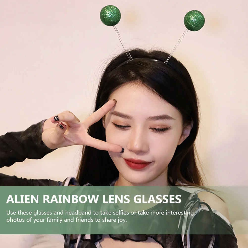 Alien Headband Glasses Set 4Pcs Party Costumes Accessories Rainbow Lens Eyewear Martian Antenna Adult Sunglasses Headwear