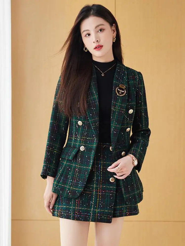 Women's Red Plaid Blazer Set Autumn Winter Fashion Vintage Suit