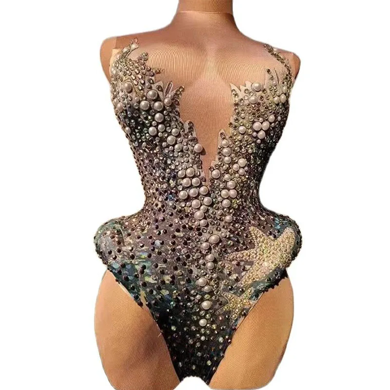 

Women Sparkly Pearls Rhinestones Leotard Dance Costume Stage Wear Performance Show Nightclub Outfit Sexy Crystals Club Bodysuit