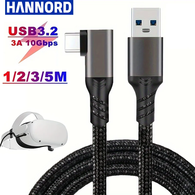 Usb c cable Hannord USB A to USB C 3.2 Gen2 3A 10Gbps fast charge elbow for Oculus Quest1/2 VR headset data transfer