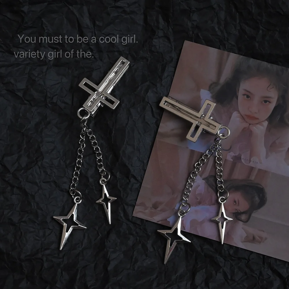 Gancho de cabelo gótico y2k cruz com corrente de estrela_voghion.com