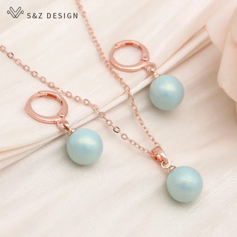S&Z DESIGN New Fashion Cute Macaron Color Round Beads Dangle Earrings Jewelry Sets For Women Simple Pendant Necklace Gift