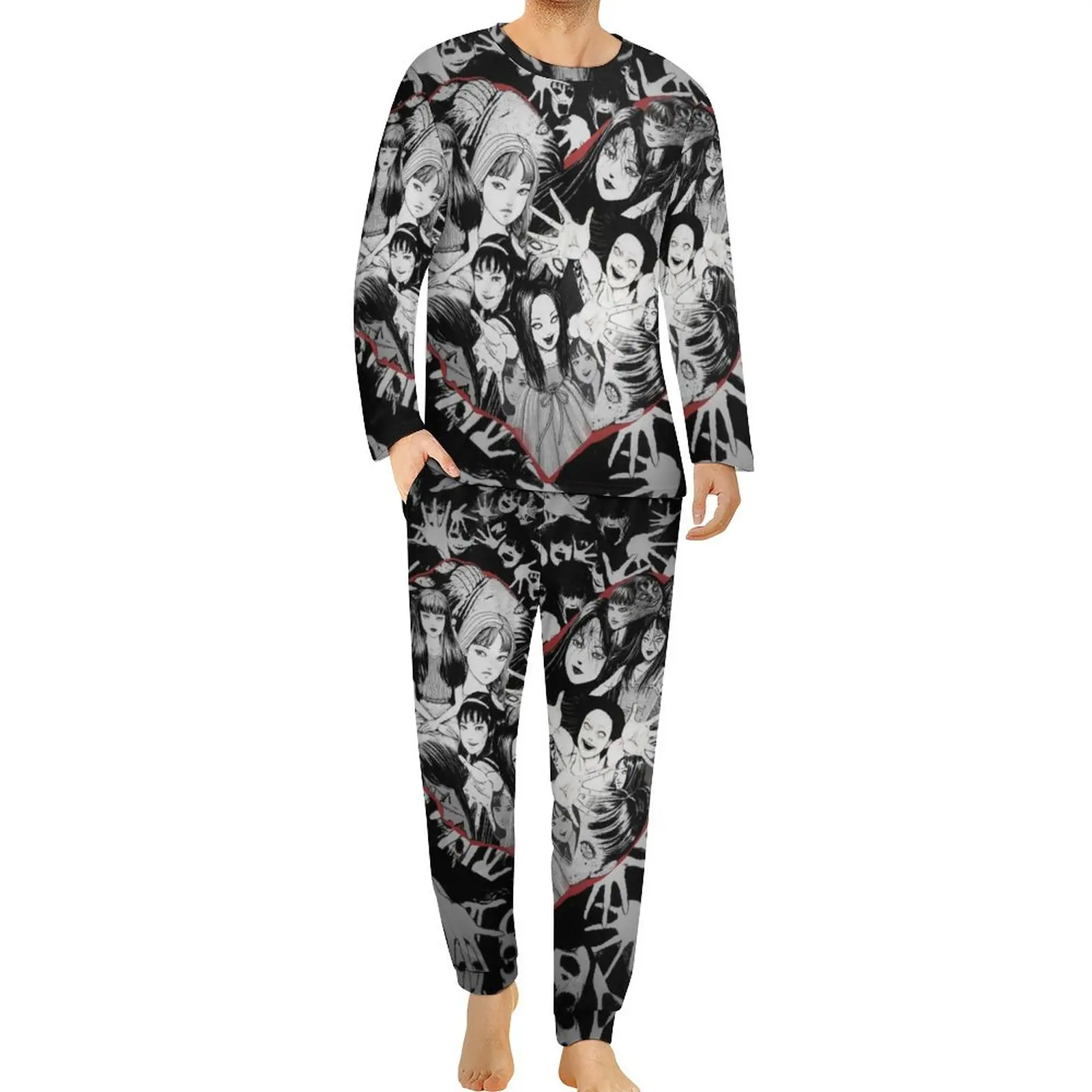 

Junji Ito Tomie Valentines Day Pajamas Spring Horror Manga Casual Sleepwear Men 2 Pieces Custom Long Sleeve Romantic Pajamas Set