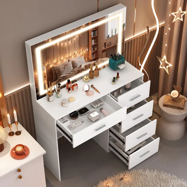 Dressing Table With LED Lights Mirror And Drawers Vanity Table Makeup Desk White