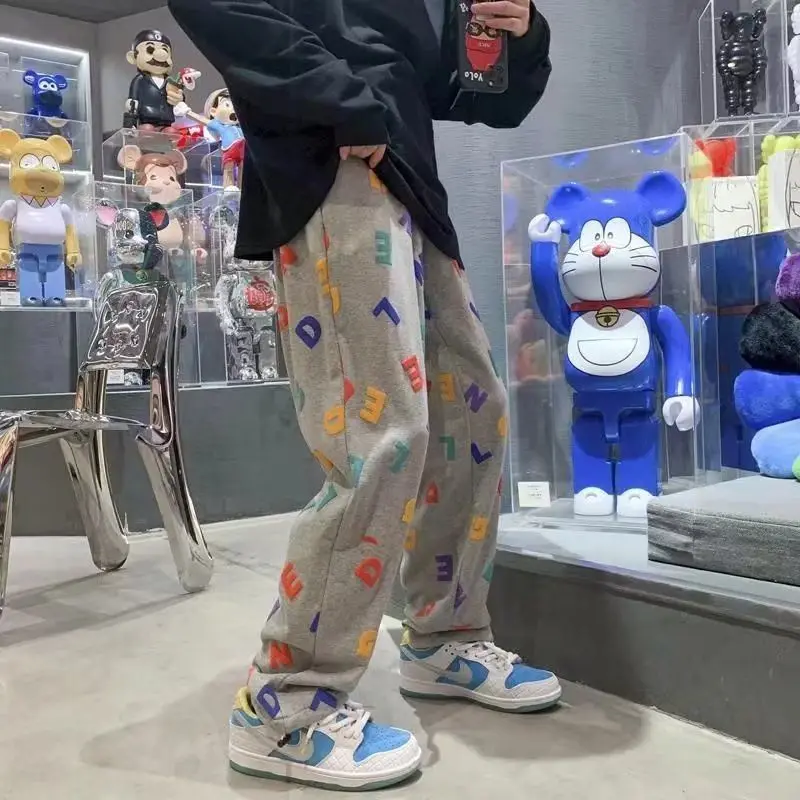 Men's Spring Autumn American Style Wei Pants Loose All-match Trendy Letter Printed Elastic Waist Wide Leg Sports Casual Trousers