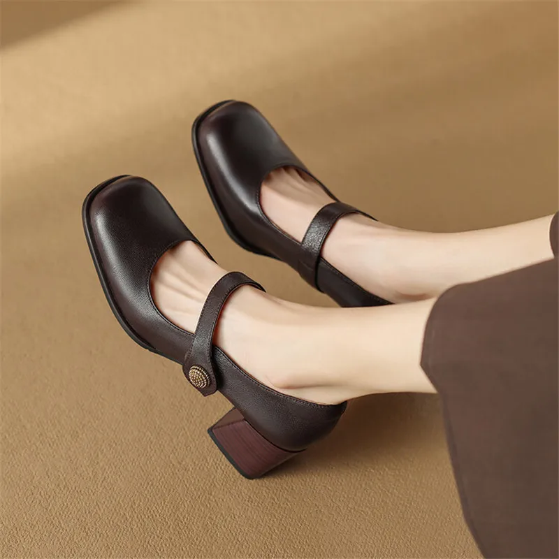 

2024 Spring/summer Mary Jane Shoes Genuine Leather Women Shoes French Square Toe Chunky Heel Shoes Women High Heels Women Pumps