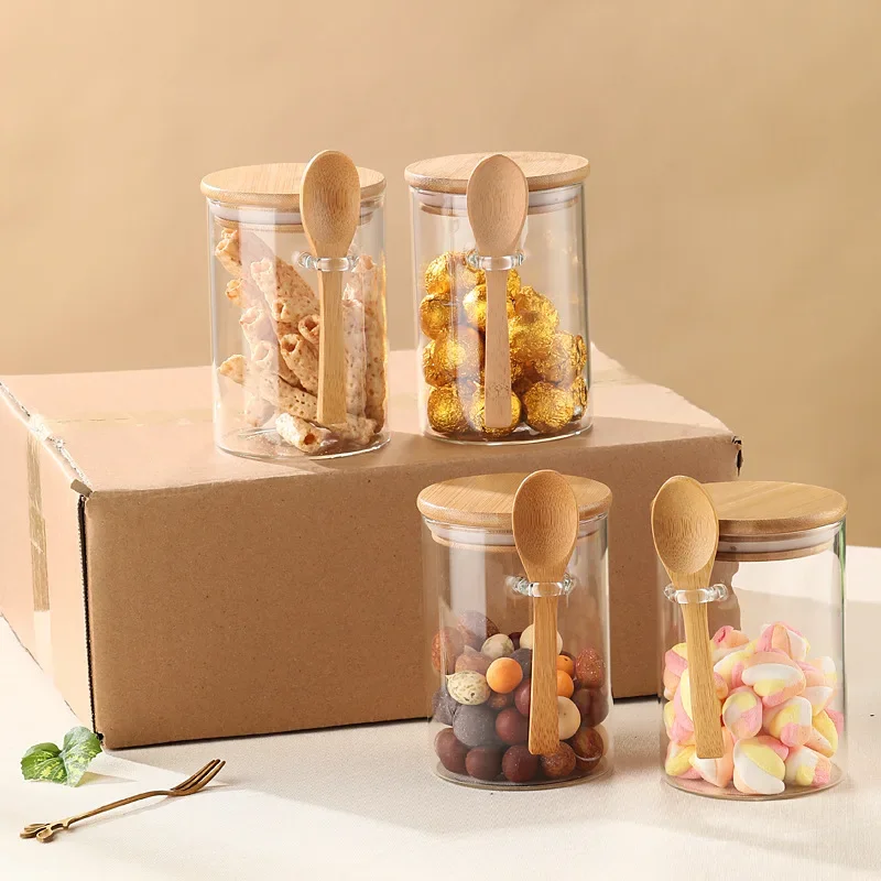 Glass Sealed Jars Seasoning Jars Set with Wooden Spoon and Wooden Lid Seasoning Jars Candy Household Containers Storage Jars 4