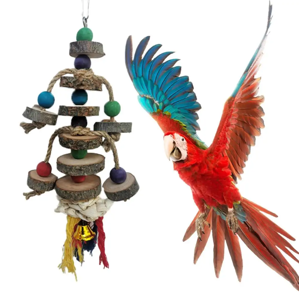 SafeParrotChewToywithHookColorfulWoodenBeadsRopesNatural