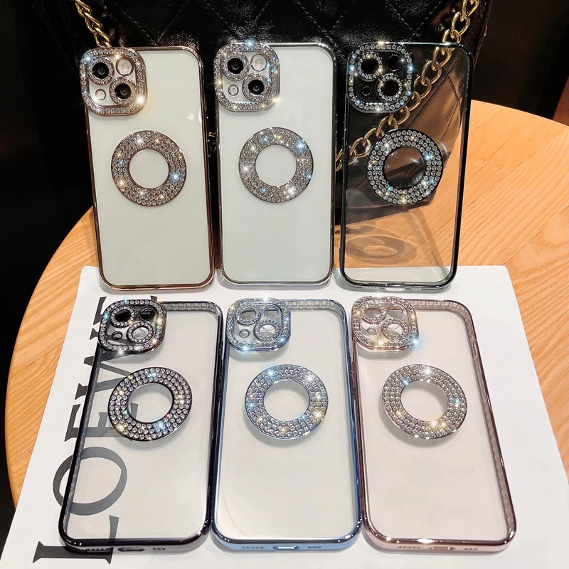 Luxury Electroplated Phone Case For iPhone 14 11 12 13 Pro Max Plus Transparent Hollow Out Glitter Bumper Soft Rhinestone Cover