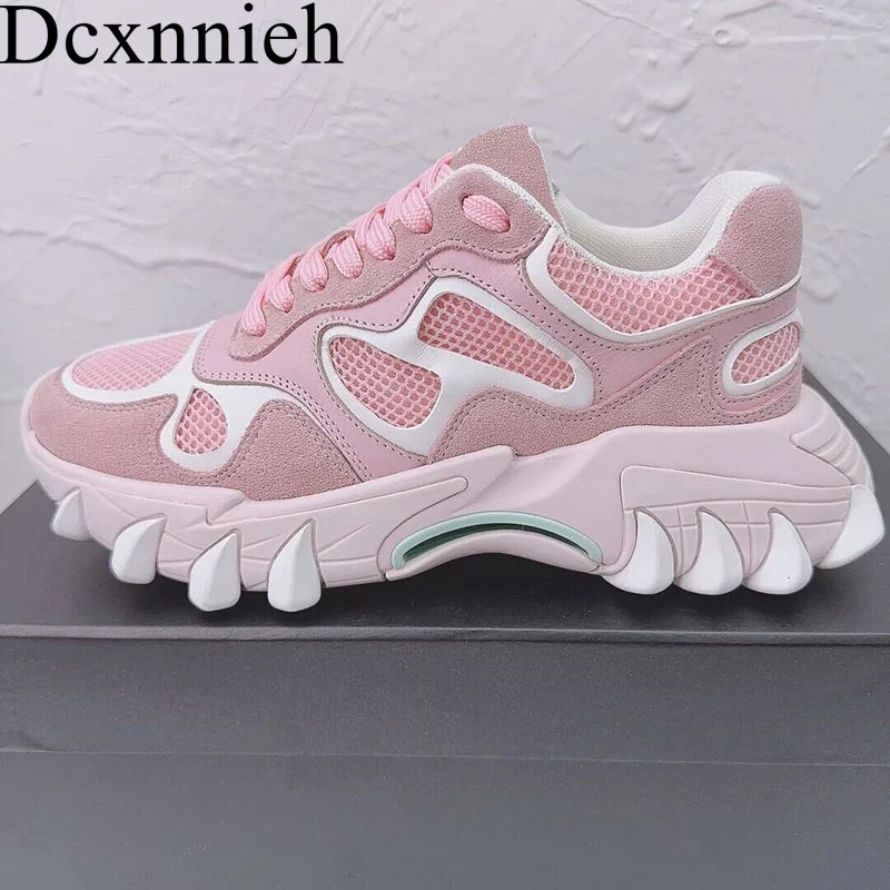 

Spring Thick Sole Dad Shoes Lace up Anti Slip Flat Shoes Unisex Breath Sneakers Comfortable Casual Shoes Outdoor Walking Shoes