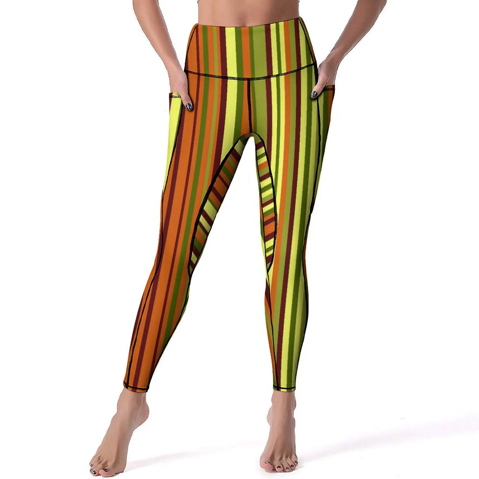 

Stylish Striped Print Leggings Pockets Colorful Lines Custom Yoga Pants Push Up Fitness Gym Yoga Legging Elastic Sports Tights