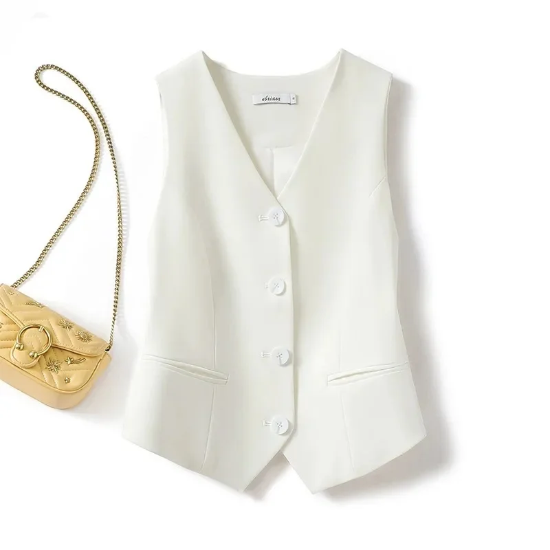2024 Summer V-Neck Vest Women Thin Loose Waistcoat Single Breasted Sleeveless Blazer Female Slim Short Vest Femme Slim Buttons 3