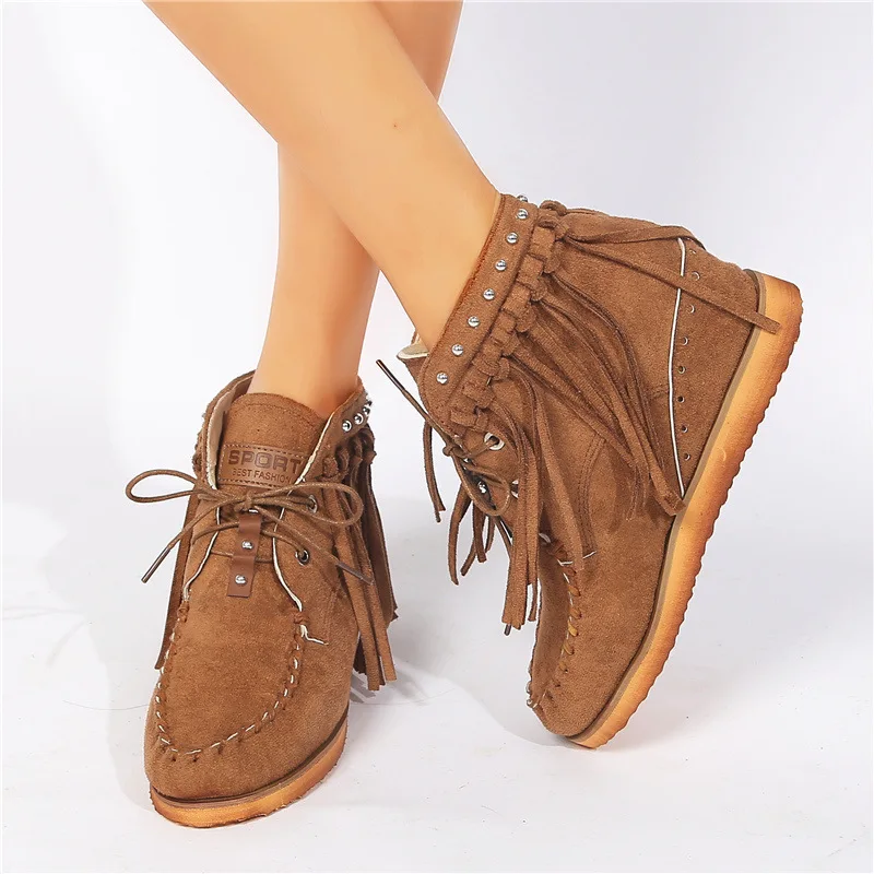 

Ankle Boots Women Shoes Ladies Round Toe Booties Roman Flat Bottom With Lace-Up Fringed Female Booties Winter Boots Woman 896