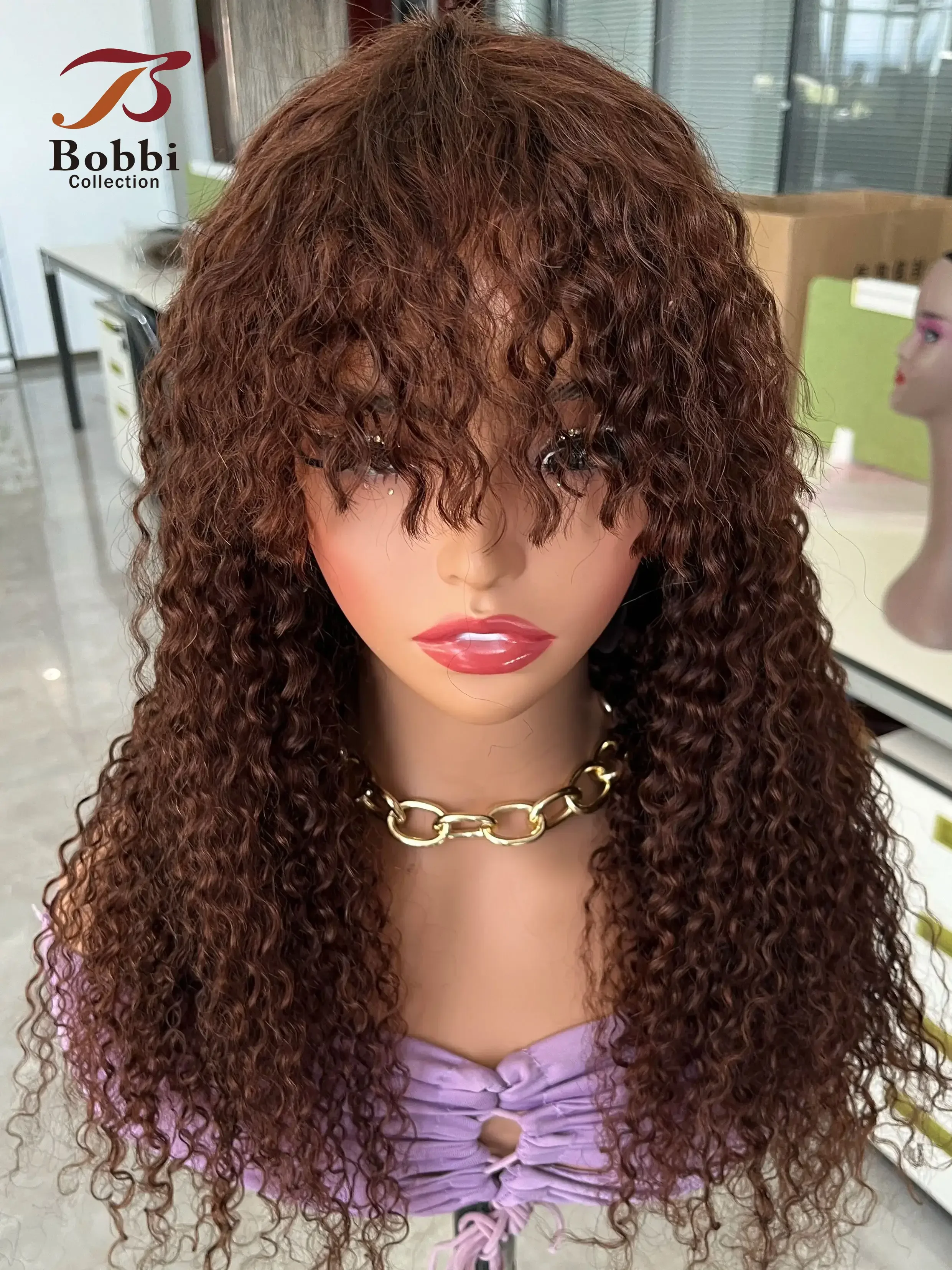 250% Density Jerry Curly Human Hair Wigs Bang Full Wig Brown Black Machine Made Non Lace Wig Fringe Bobbi