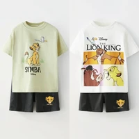 Disney Lion King Simba Print Boys' Clothing Short Sleeved Sportswear Summer T-shirt+tight Shorts Two-piece Set Children's Cloths 1