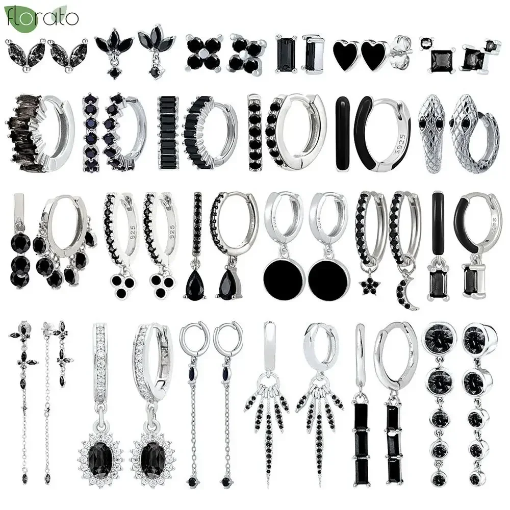 Silver Earrings 925 Sterling Silver Needle Fashion Black Zircon Pendant Earrings New Round/Cross Small Hoop Earrings for Women Piercing Jewelry