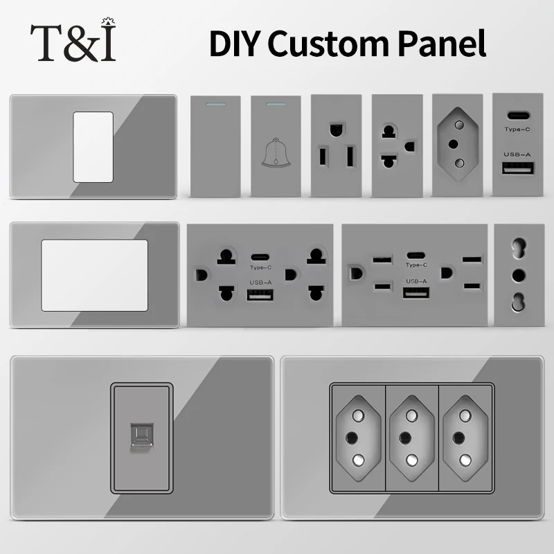 T&I DIY Modular Wall Plate 2x4 inch with Tempered Glass – NEMA 5-15R Duplex Outlet & US/EU/Italy/Chile Socket Modules Combo 1