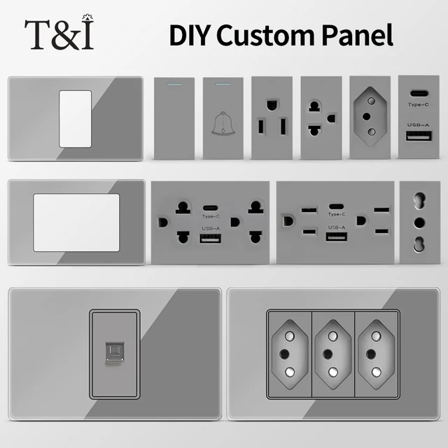 T&I DIY Modular Wall Plate 2x4 inch with Tempered Glass – NEMA 5-15R Duplex Outlet & US/EU/Italy/Chile Socket Modules Combo 1
