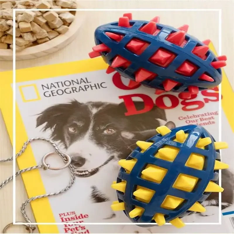 Durable Dog Rugby Toy with Soft Spines for Teeth Grinding and Squeaky Fun