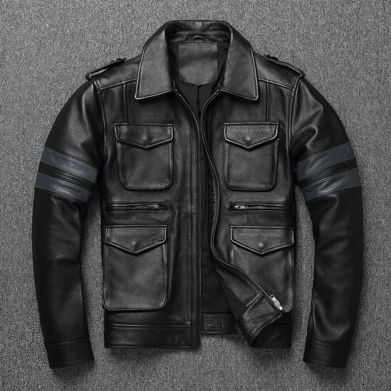 

2024 Men's Leather Jacket Black Top Layer Cowhide Coat Vintage Lapel Motorcycle Classic M65