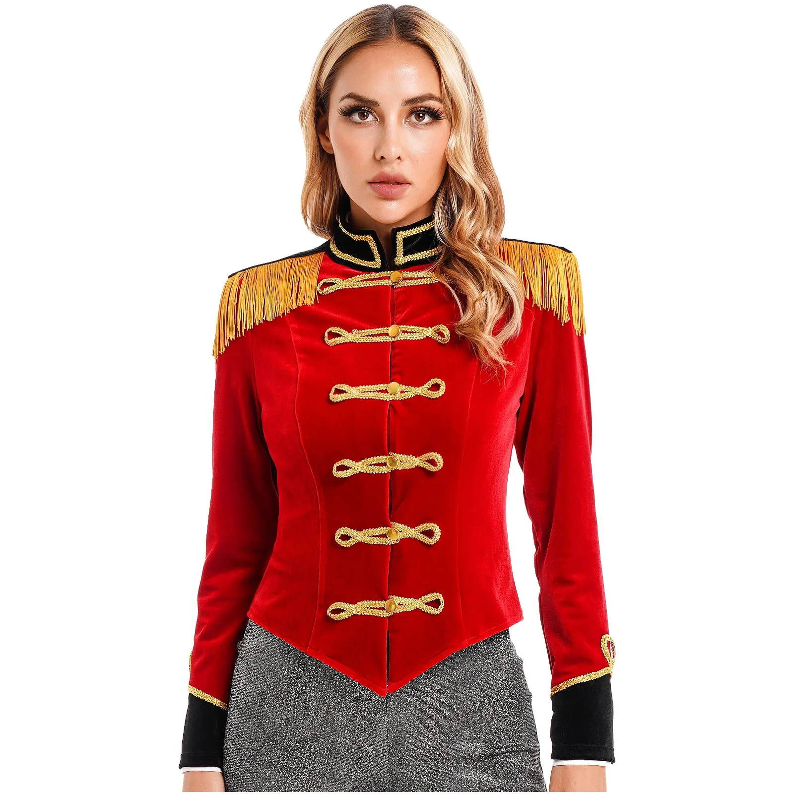 

Womens Circus Ringmaster Cosplay Costume Long Sleeve Fringed Shoulder Board Velvet Blazer Jacket Coat Halloween Showman Tops