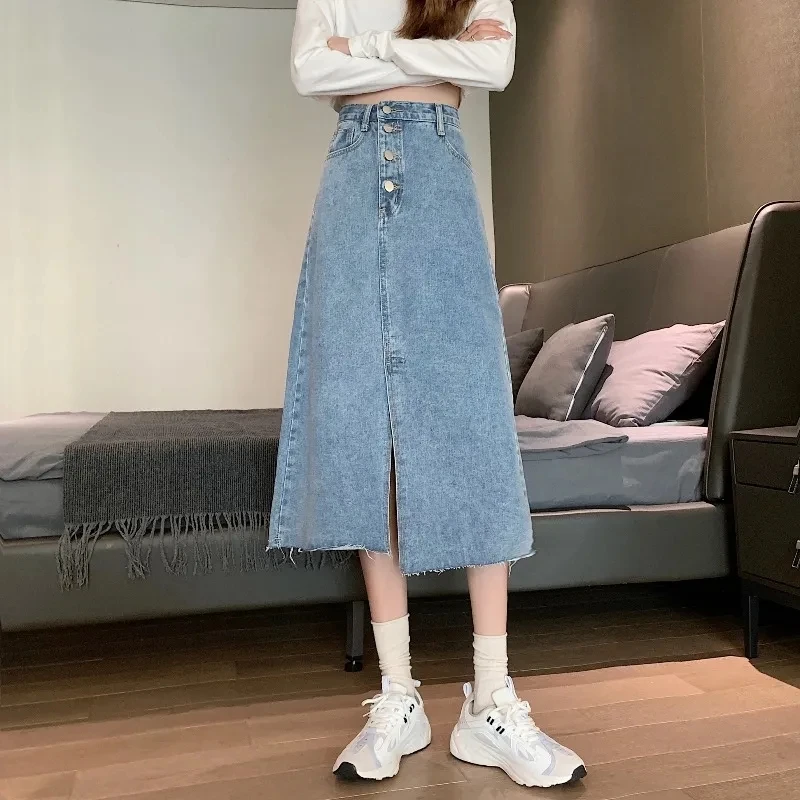 

Summer Denim Skirts Women High Waist A-Line Long Skirt Woman Fashion Irregular Front Slit Midi Skirts Lady
