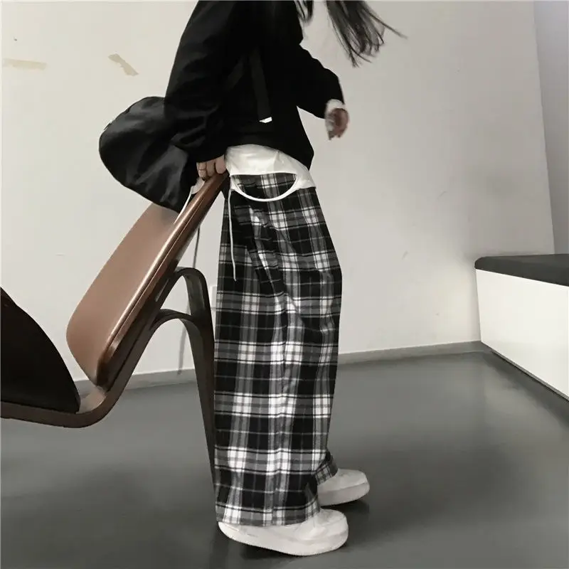 Emo-チェック柄のレディースパンツ,チェック柄,韓国ファッション