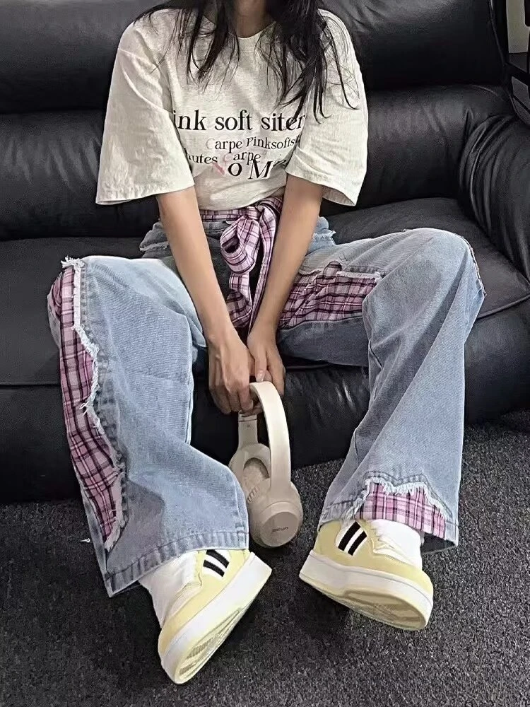2026 뉴 레트로 블랙 보우 스트랩 플래드 스플라이싱 청바지 여성 가을 겨울 루즈핏 와이드 팬츠