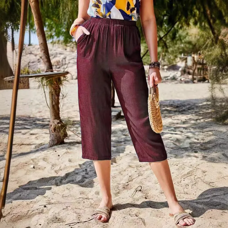 2024 Summer Women's New Patchwork High-waisted Elasticized Pocket Solid Color Comfortable All-match Loose Fashion Casual Pants