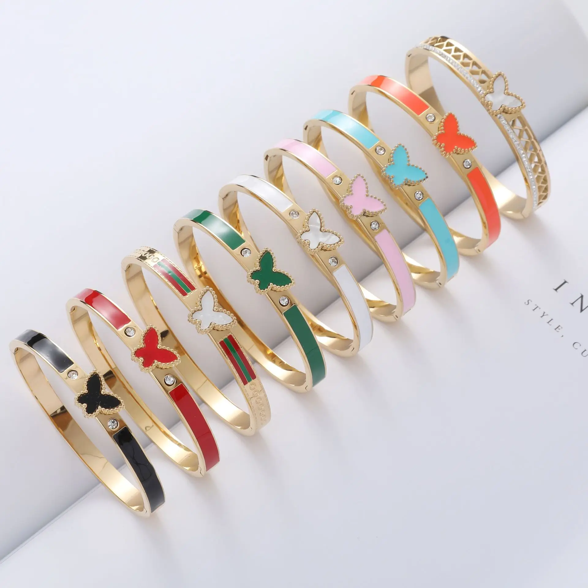 

CARLIDANA Trendy Seven Colors Butterfly Drop Oil Shell Zircon Setting Stainless Steel Bracelet for Women Jewelry Gift Not Fade