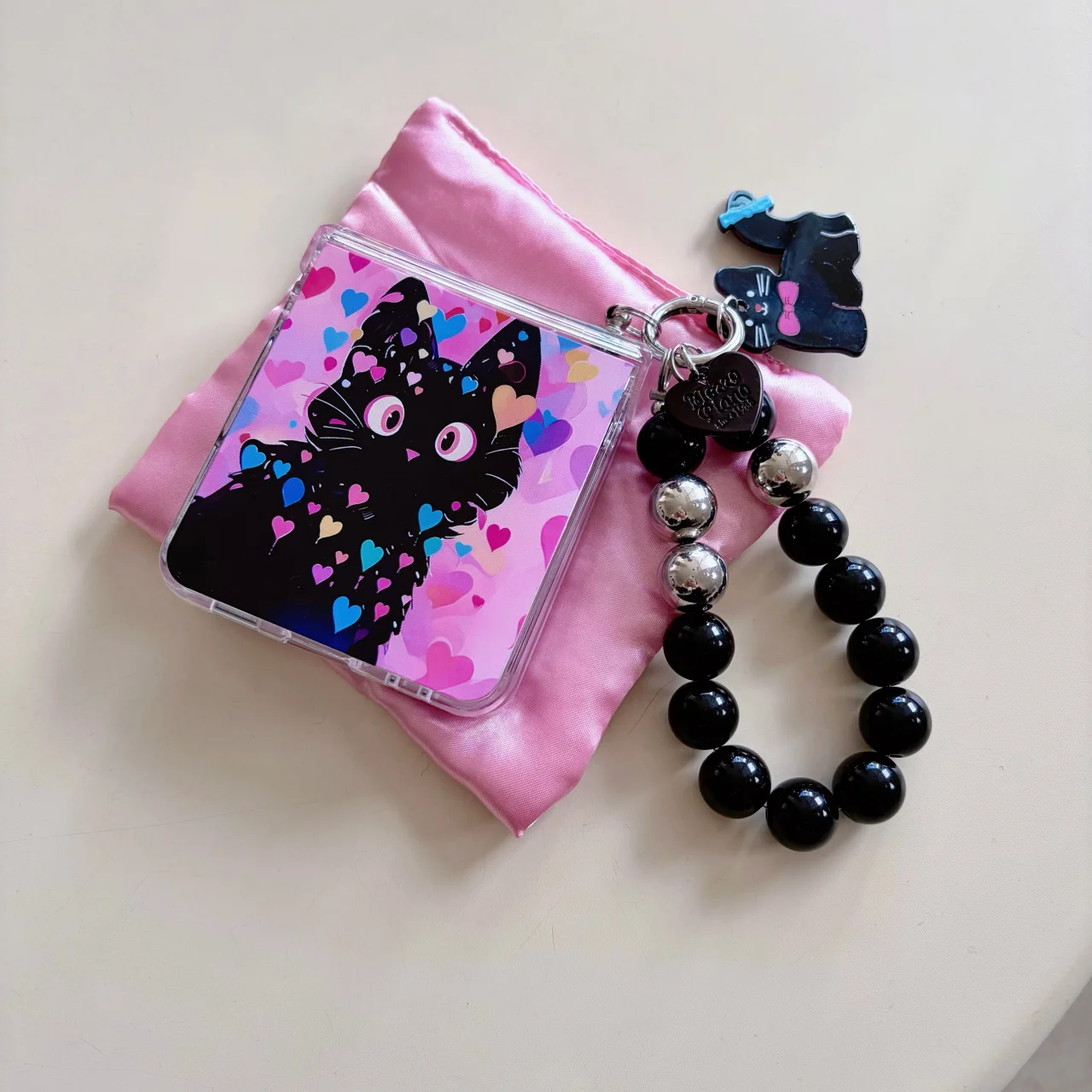 Colorful Love Heart Black Cat Folding Phone Case with Wrist Strap