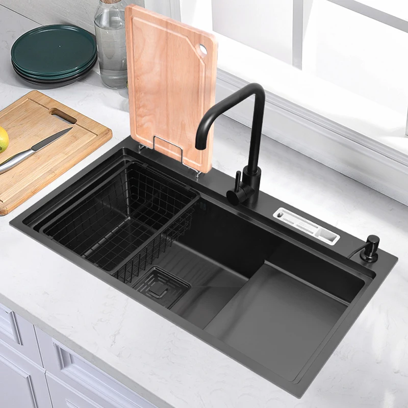 

Nano black stepped sink, large single tank under the platform, 304 stainless steel kitchen sink thickened
