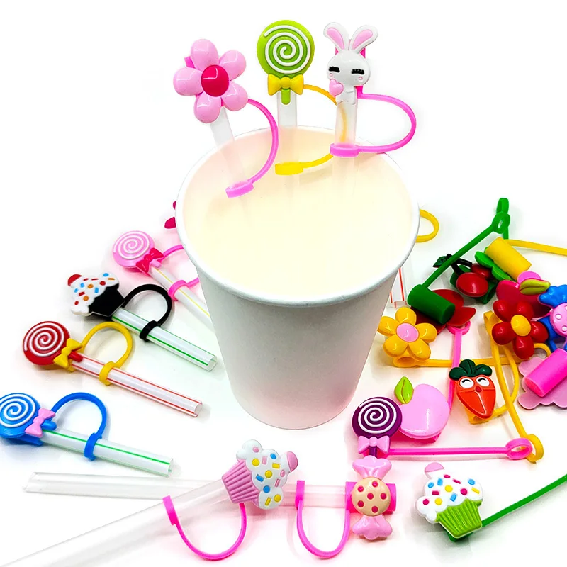 1PCS PVC Straw Cover Cute Dogs Straw Topper Birthday Party Drink