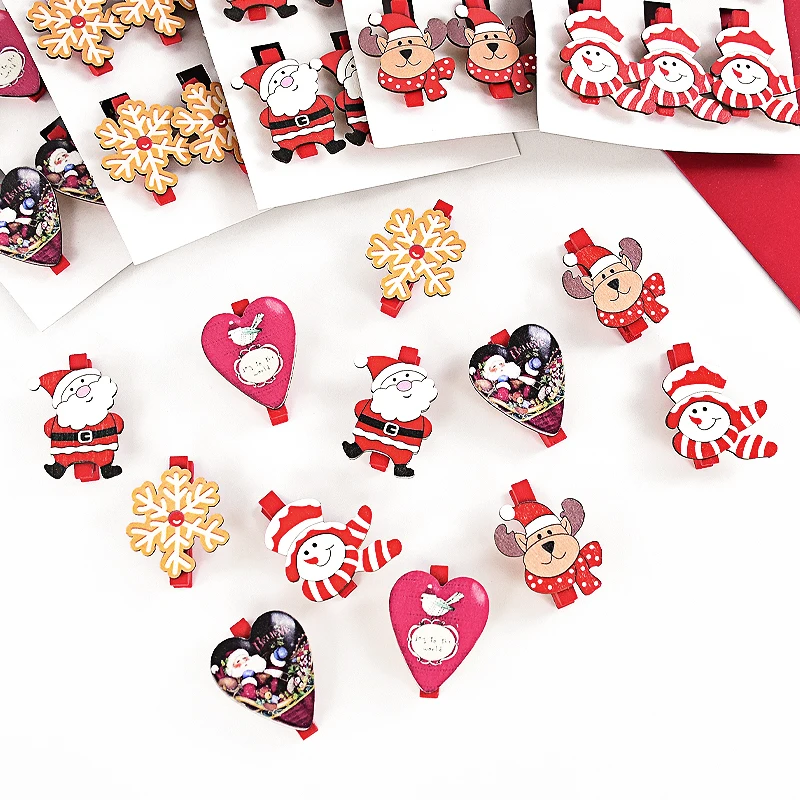 6pcs Christmas Cartoon Wooden Clips Xmas Party Photo Wall Gift DIY Decoration Handmade Crafts 2024 Christmas Home Decor New Year