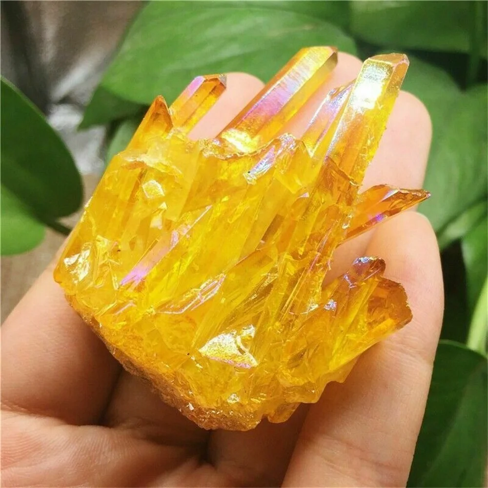Natural Healing Gemstone Crystal Irregular Electroplating Yellow  Aura Quartz Crystals Cluster Raw Stone Hand craft Deco 3