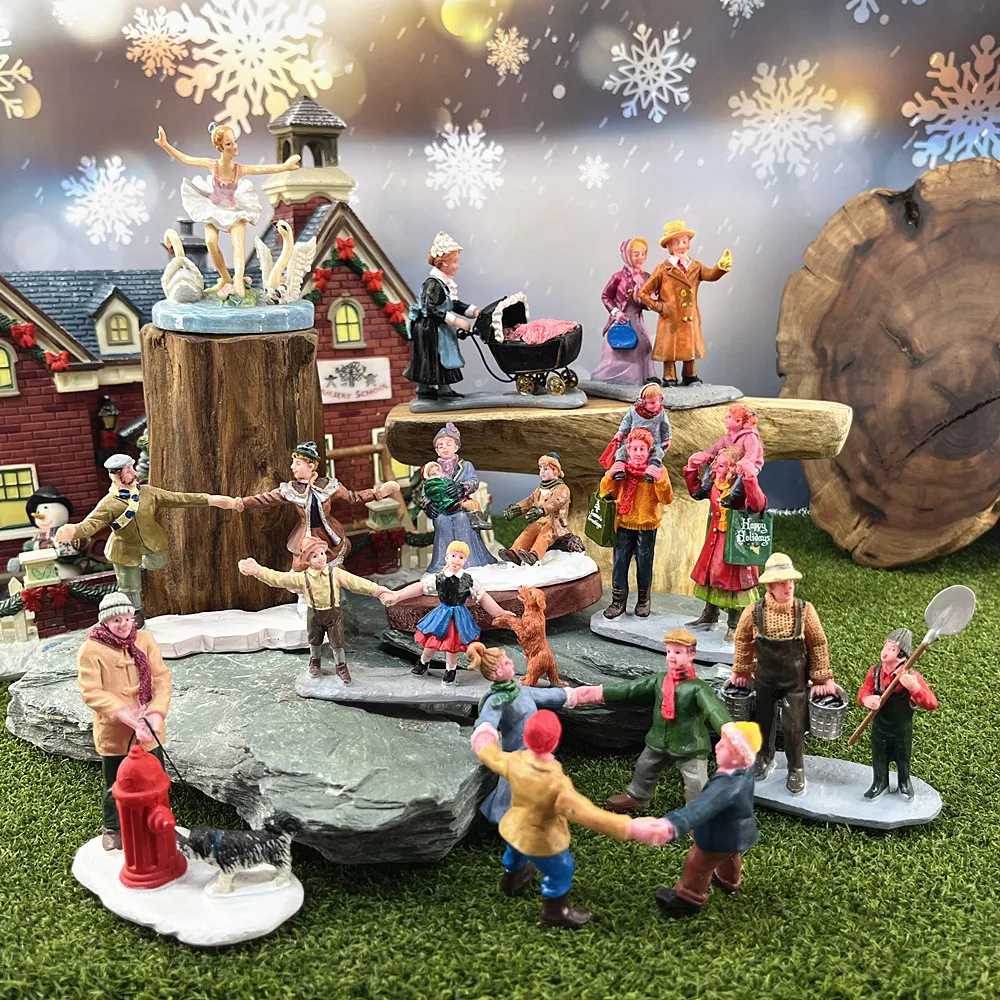 Weihnachtsdorf-Figurenset aus Harz, DIY-Szenenmodell für Sandtisch-Bastelarbeiten, Feiertagsdekoration, Geschenk & Sammlerstück