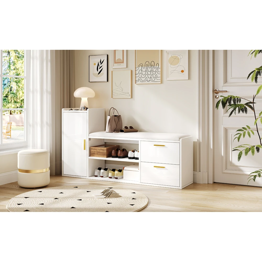 Hochglanz-Schuhschrankbank – gepolsterte Sitzplätze + 2 Schubladen und 1 Schrank, Schuhregal mit Stauraum, für Flur, Wohnzimmer, Büro – Detail 6