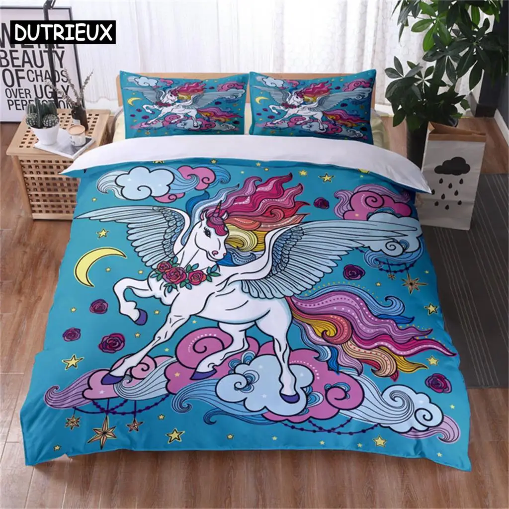 

Colorful Luminous Unicorn Print Bedding Set 3D Cartoon Animal Pattern Duvet Cover Bedroom Decor With Pillowcases For Girls Gift