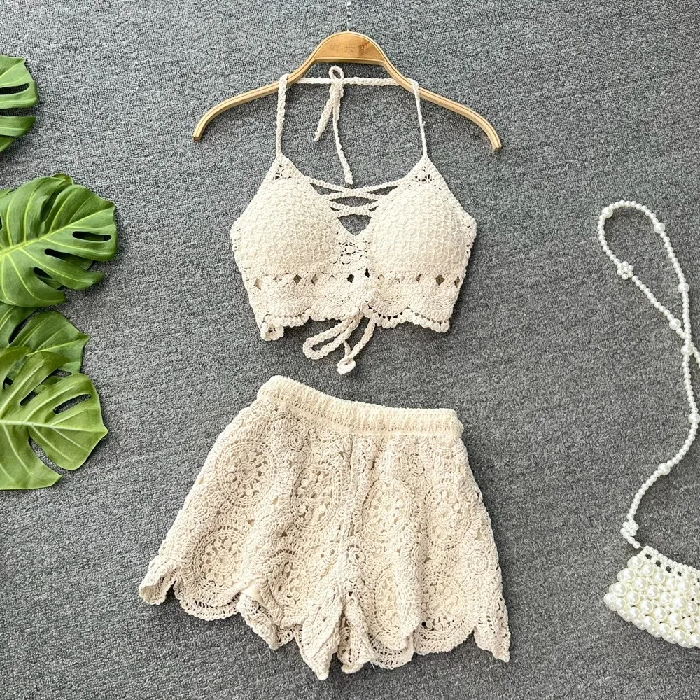 Beach Suit Beach Dress Set 2Piece Sets Women Summer Vacation Backless Camisole Elastic Waist Shorts Hollow Out Y2K Beach Style Suits 3294152 2Piece Sets Beach Women Summer Vacation Backless Camisole Elastic Waist Shorts Hollow Out Y2K Beach Style Suits